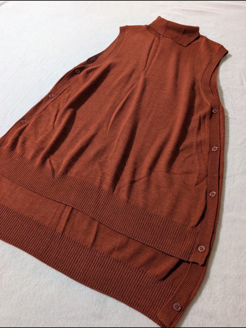 Merino Wool Blend Rust Sleeveless Mock Neck Button-Side Sweater Vest